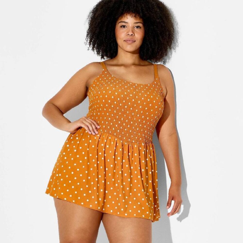 Women's Polka Dot Smocked Dress - JoyLab Burnt Orange Polka Dot 1X
